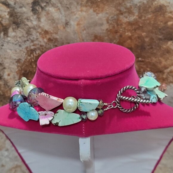 Double Strand Necklace Bracelet Set Double Mixed Pink Turquoise Stone Beads Cros - Picture 7 of 15